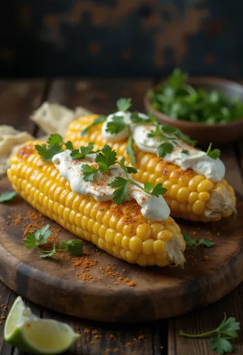 Tuoretta maissia smetanalla, juustolla ja mausteisella paprikalla tarjoiltuna