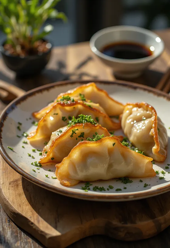 Gyoza-nyytit lasinuudeleilla, kullanruskeaksi paistettuina ja hienolla soijakastikkeella tarjoiltuna
