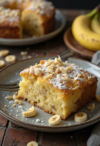 Kookos-banaanikakku tomusokerilla ja kookoshiutaleilla koristeltuna