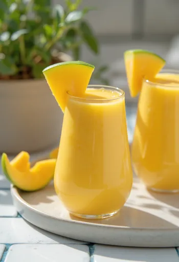 Mangosmoothie korkeassa lasissa, mangoviipaleilla koristeltuna