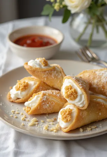 Cannoli mantelilla, täytettynä ricottakermalla ja koristeltuna paahdetulla mantelilla