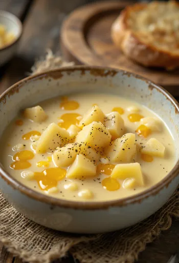 Kermainen juustochowder tarjoiltuna, rikas, herkullinen ulkonäkö