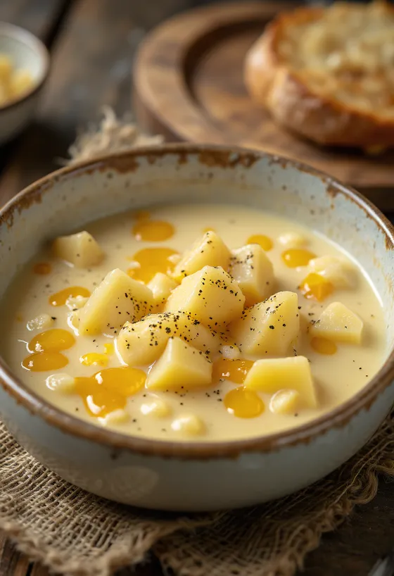 Kermainen juustochowder tarjoiltuna, rikas, herkullinen ulkonäkö