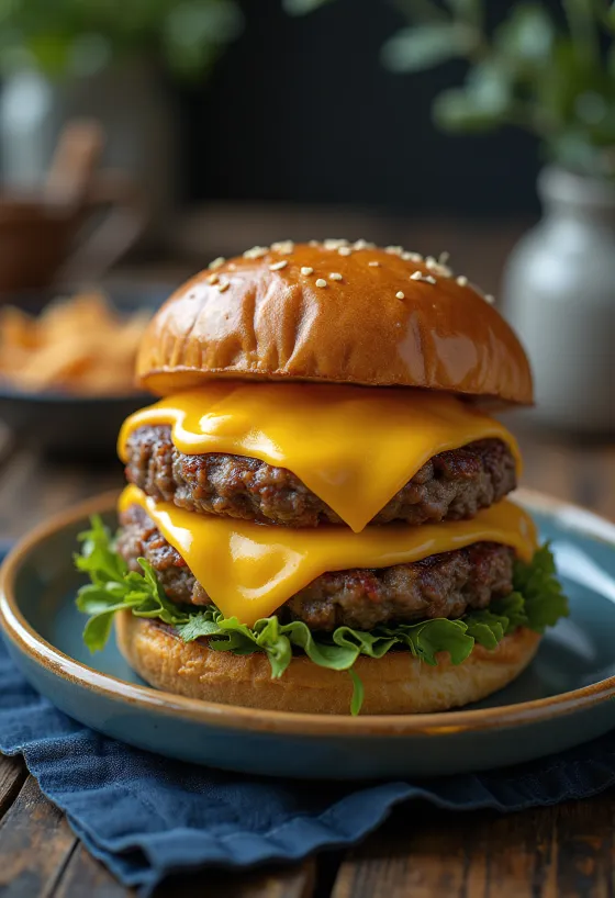 Tuplajuustohampurilainen kahdella mehukkaalla pihvillä ja ylimääräisellä cheddar-juustolla