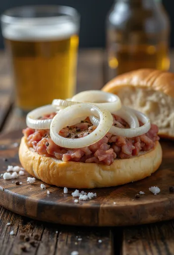 Mettbrötchen tarjoiltuna tuoreen sipulin kera