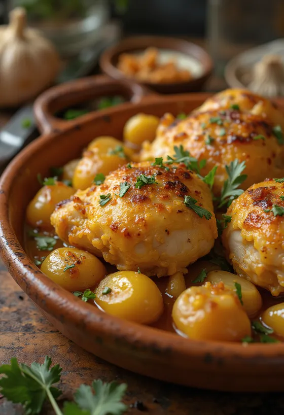 Pollo al Ajillo, espanjalainen valkosipulikana valkoviinikastikkeessa tarjoiltuna