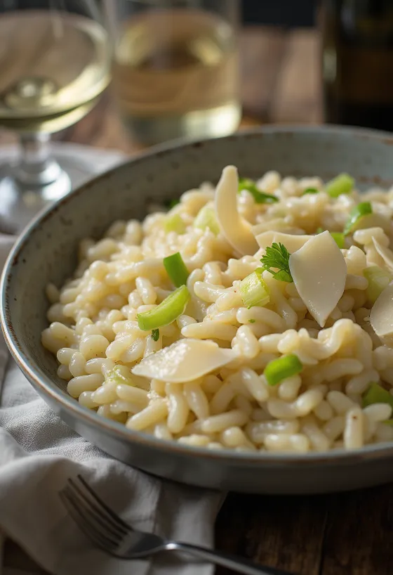 Prebioottinen kermainen purjorisotto, tuoreella parmesaanilla ja pippurilla tarjoiltuna