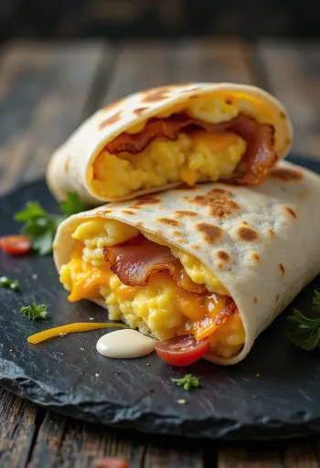 Aamiaiswrap munalla, pekonilla, salaatilla ja juustolla, tortillalettuun käärittynä, vinosti puolitettuna