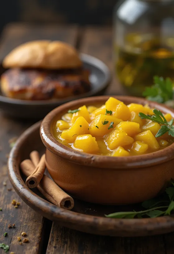 Kaneli-mango-inkiväärichutney tarjoiltuna