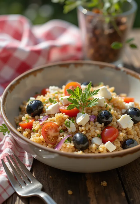 Farro-salaatti feta-juustolla, oliiveilla ja tuoreilla vihanneksilla tarjoiltuna