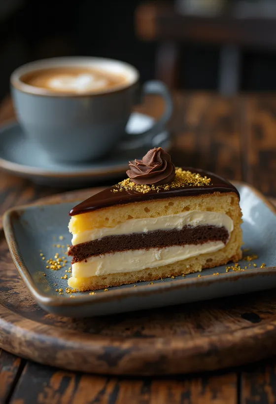Ranskalainen oopperakakku suklaaganache-kerroksilla ja espresso-maulla