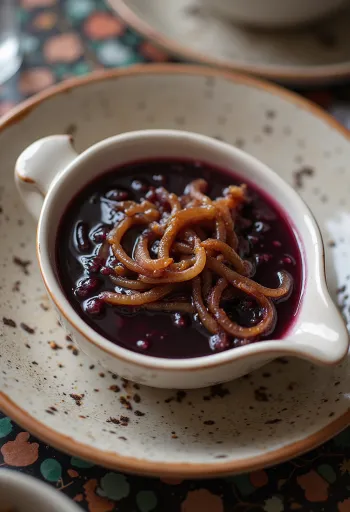 Mausteinen punaviini-sipulikastike tarjoiltuna