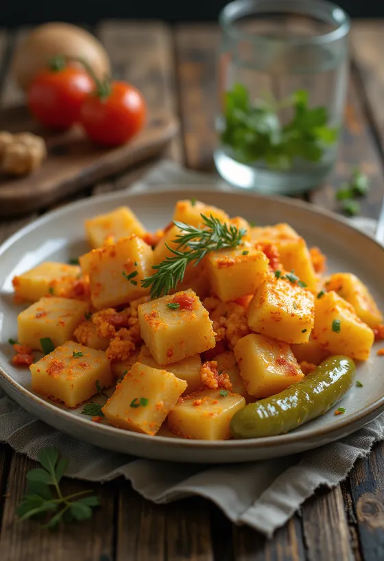 Perunapastaa paistetulla sipulilla ja paprikalla tarjoiltuna