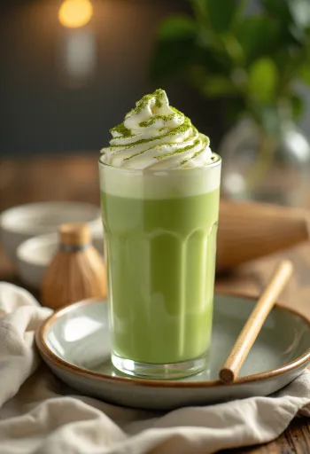 Kermainen matcha-frappé korkeassa lasissa