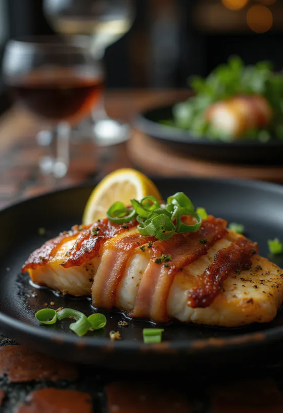 Misomarinoitu turska tarjoiltuna pekonin kera