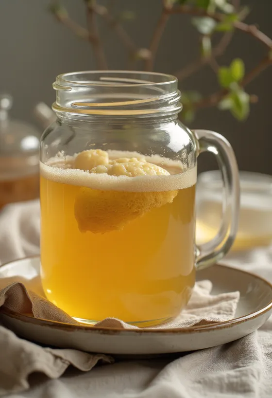 Probioottinen vihreä tee -kombucha pullossa, hiilihappoinen juoma vaalealla värisävyllä