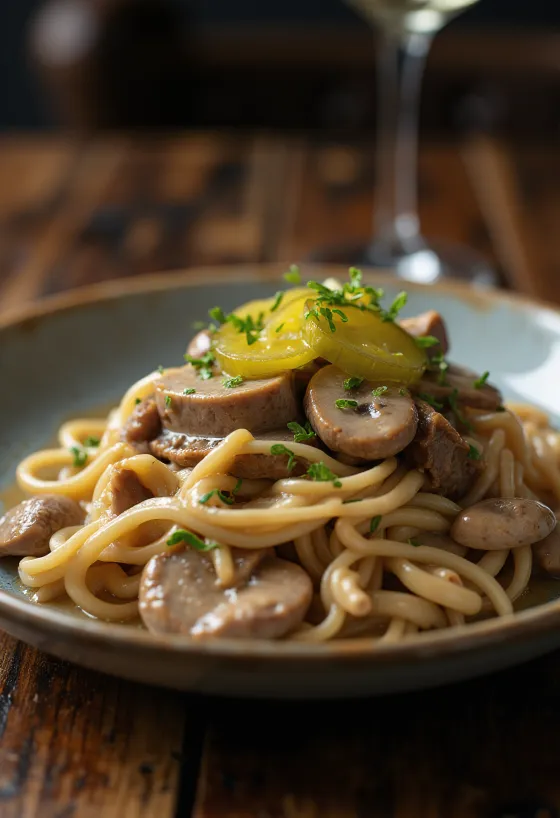 Stroganoffin härkää silkkisellä smetanakastikkeella tarjoiltuna