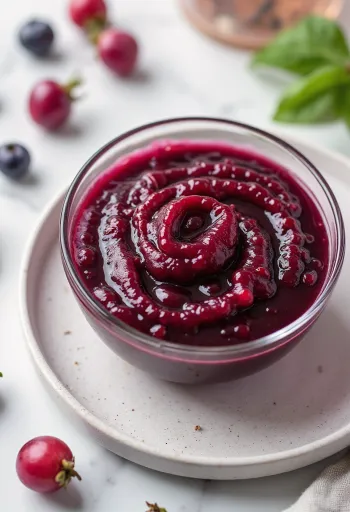 Punaviini-ruusunmarjakastike kulhossa, koristeltuna tuoreella rosmariinilla.