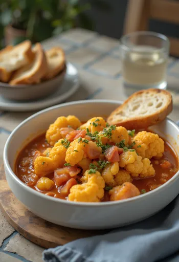 Mausteinen kukkakaalipörkölt mehevässä tomaattipohjassa, tuoreella persiljalla ripoteltuna.