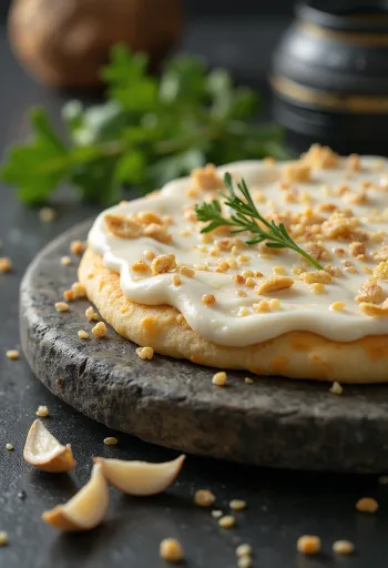 Manakish kashkilla, jogurtilla tarjoiltuna