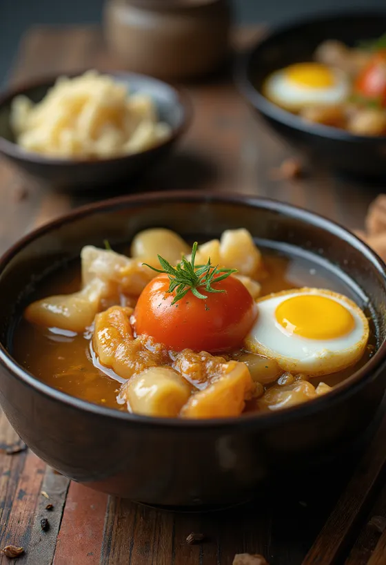 Oden tomaatilla, japanilainen keitto kalalla, tofulla, keitetyllä kananmunalla ja tuoreella tomaatilla