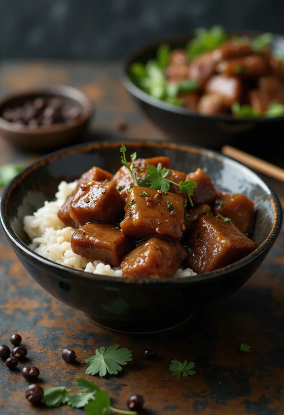 Pork adobo tarjoiltuna höyrytetyn riisin kera