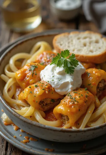 Hapankaalikääryleitä, mausteisella jauheliha- ja riisitäytteellä, tomaattikastikkeessa tarjoiltuna