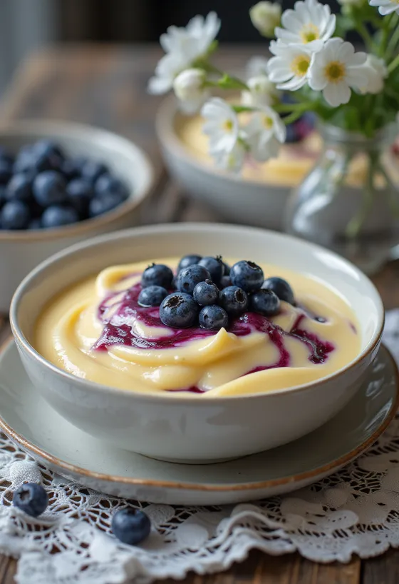 Mustikka-vaniljakastike tarjoiltuna