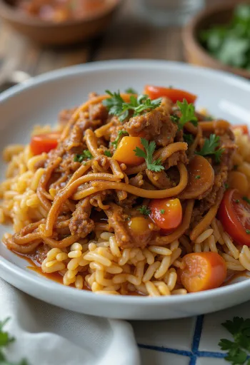 Carne Mechada tarjoiltuna arepan ja riisin kera