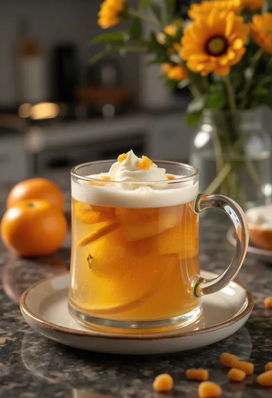 Lämmin sitrussiideri lasissa mintunlehtien kera