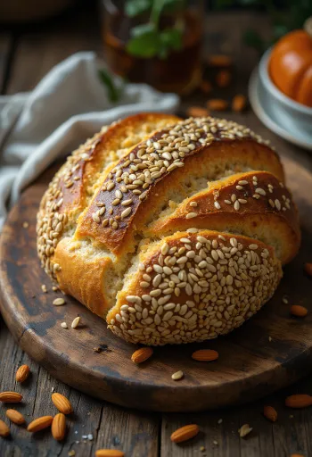 Siemenillä päällystetty suomalainen ruisleipä rapealla kuorella, tummalla puualustalla