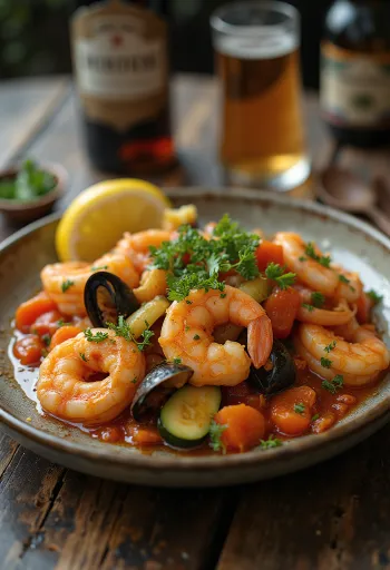 Klassinen tagine merenelävillä, runsailla vihanneksilla tarjoiltuna, tuoreilla mausteilla