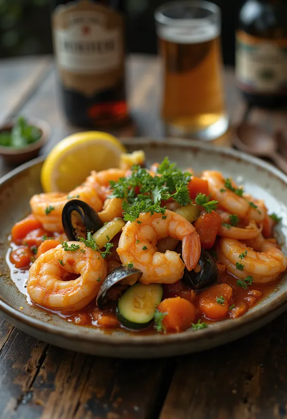 Klassinen tagine merenelävillä, runsailla vihanneksilla tarjoiltuna, tuoreilla mausteilla