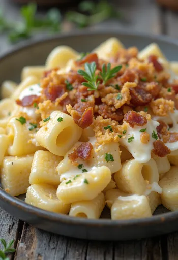 Rahkapastaa pekonirouheella, tuoreella tillillä tarjoiltuna