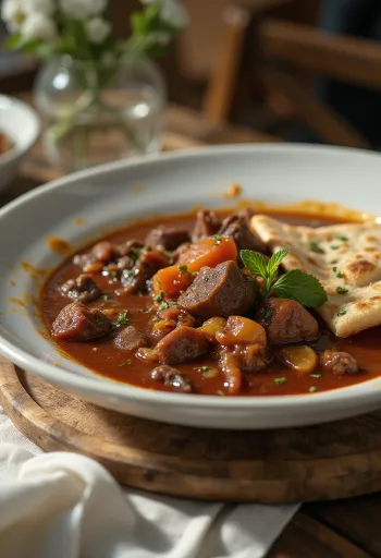 Aiwaj irakilainen tomaattinen naudanliha tarjoiltuna