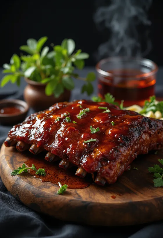 BBQ-ribsit tarjoiltuna paistettujen perunoiden ja tuoreen salaatin kera