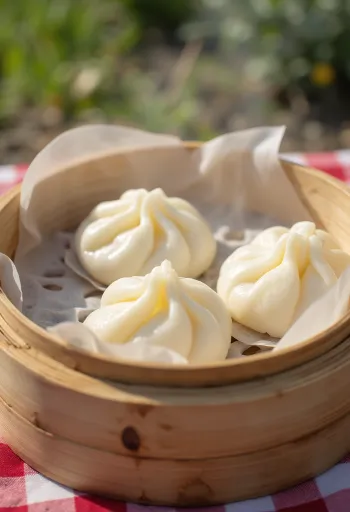 Perinteiset höyrytetyt bao-taikinat valkoisella lautasella, yksinkertainen tarjoilu