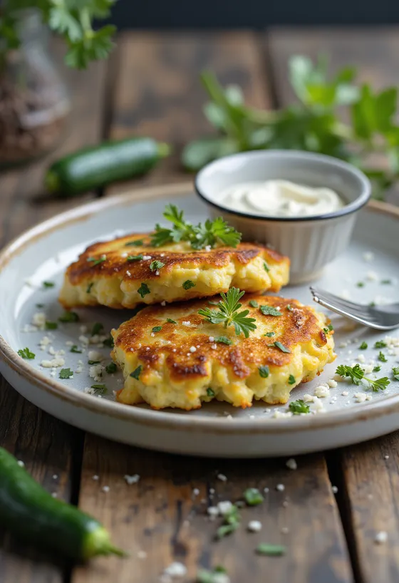 Kolokithokeftedes parmesaanijuustolla, kasvispihvit tuoreilla yrteillä