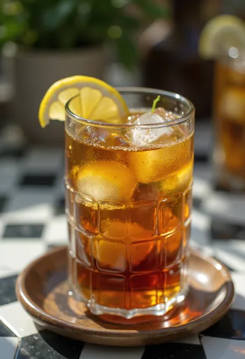 Minttu-jäätee lasissa limeviipaleilla ja mintunlehdillä