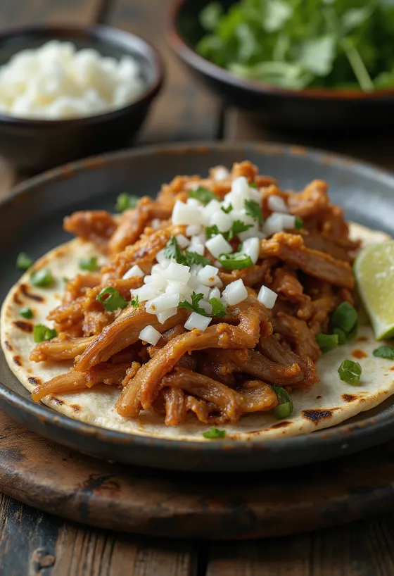 Pork carnitas tarjoiltuna lämpimissä tortilloissa