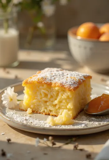 Riisipaistos kullanruskeaksi paistettuna, tomusokerilla ripoteltuna ja hedelmähillon kera tarjoiltuna