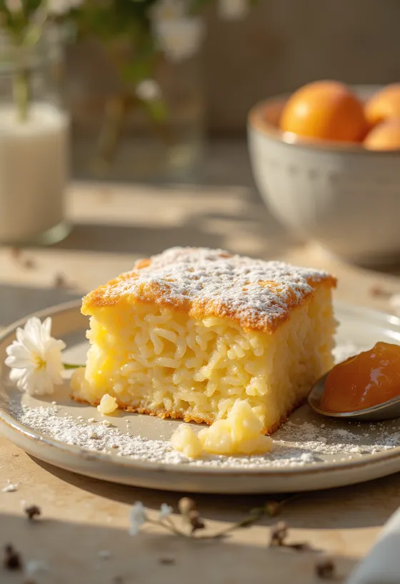 Riisipaistos kullanruskeaksi paistettuna, tomusokerilla ripoteltuna ja hedelmähillon kera tarjoiltuna