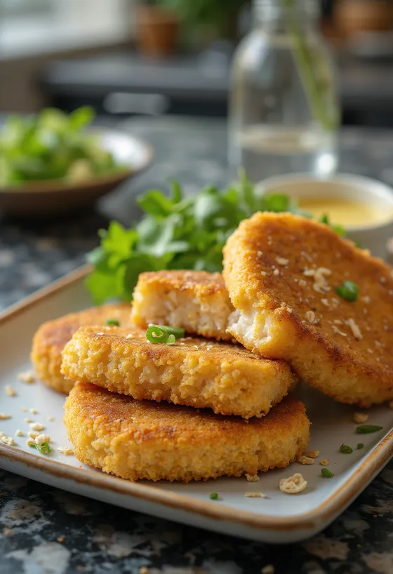 Rapea tofu kauraleseissä, tuoreen salaatin kera