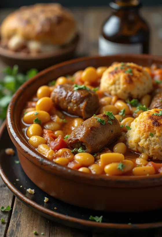 Cassoulet lampaanlihalla, pataruoka pavuilla ja makkaralla