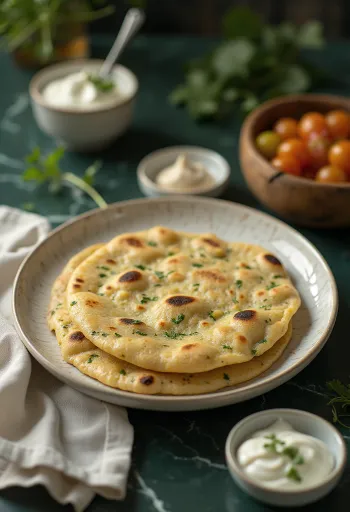 Tilli-thepla, tuore, mausteinen leipä, tarjoiltuna vihreiden kanssa