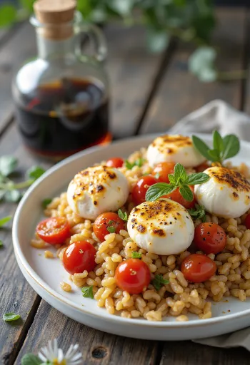 Farro-salaatti paahdetulla tomaatilla ja mozzarellalla, tuoreella basilikalla ripoteltuna