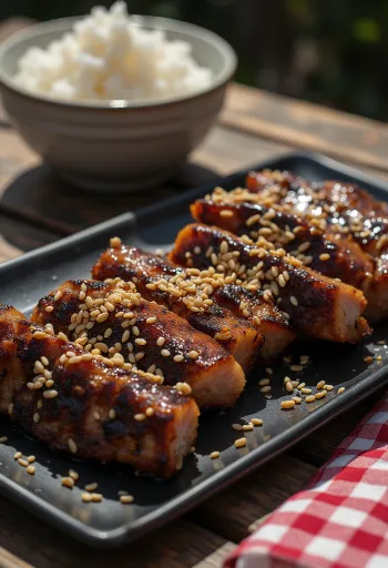 Kalbi Galbi, korealainen grillattu naudanliha seesaminsiemenillä ja tuoreilla hedelmillä