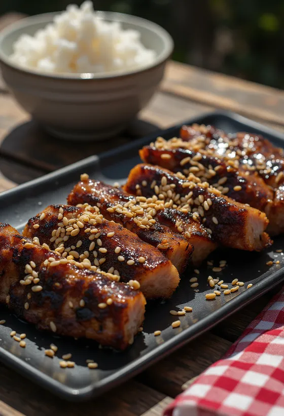 Kalbi Galbi, korealainen grillattu naudanliha seesaminsiemenillä ja tuoreilla hedelmillä