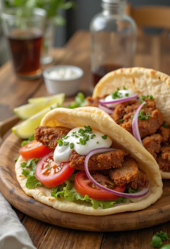 Pork Gyros, kreikkalaista porsaanlihaa pita-leivässä tzatziki-kastikkeella