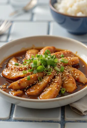 Shogayaki mirinillä, soijakastikkeessa marinoitu kana, seesaminsiemenillä ja vihersipulilla tarjoiltuna